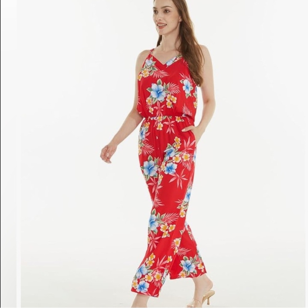 Red Floral Hawaiian luau v-neck jumpsuit small.